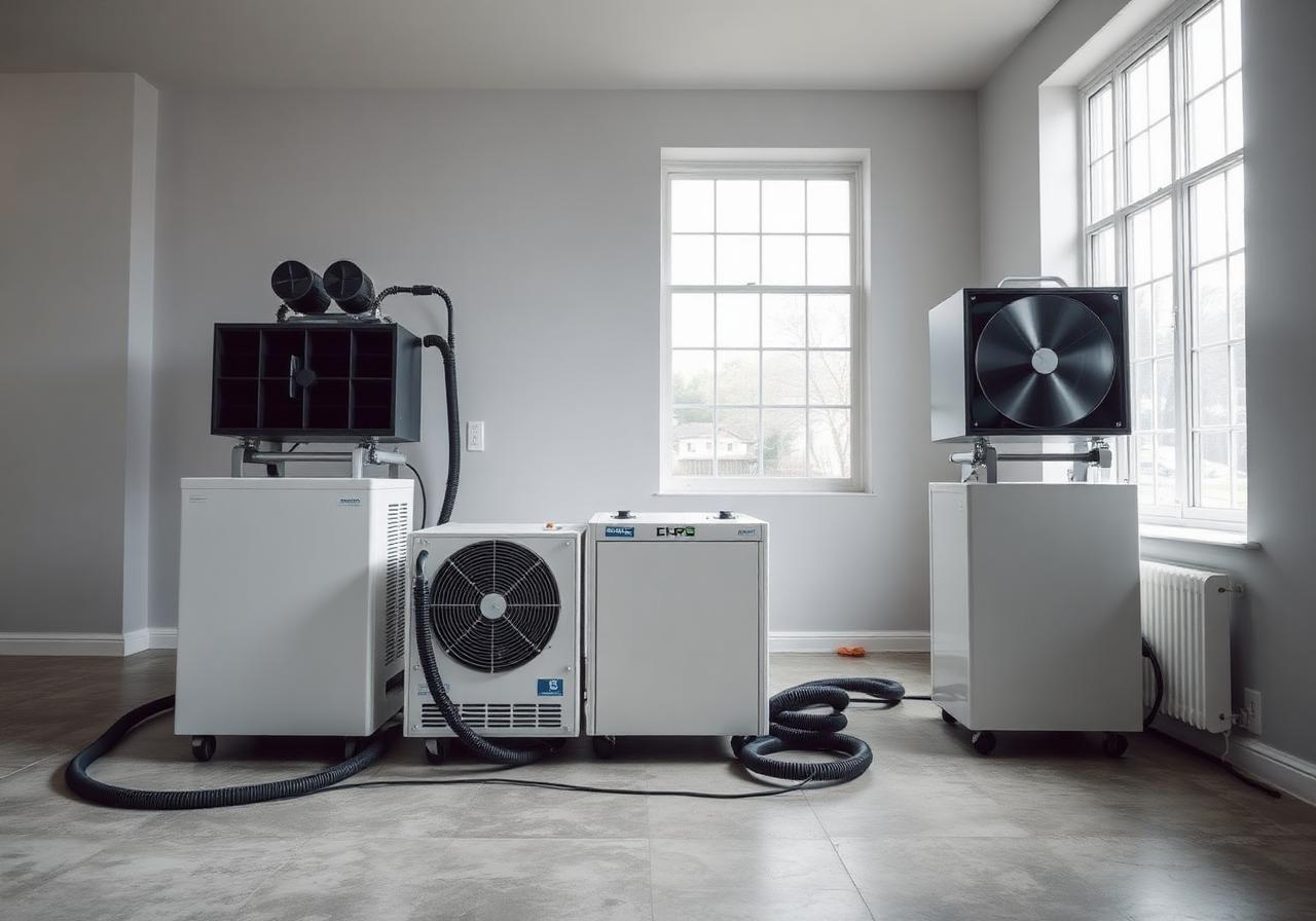 Déshumidificateurs et ventilateurs industriels installés dans une pièce vide