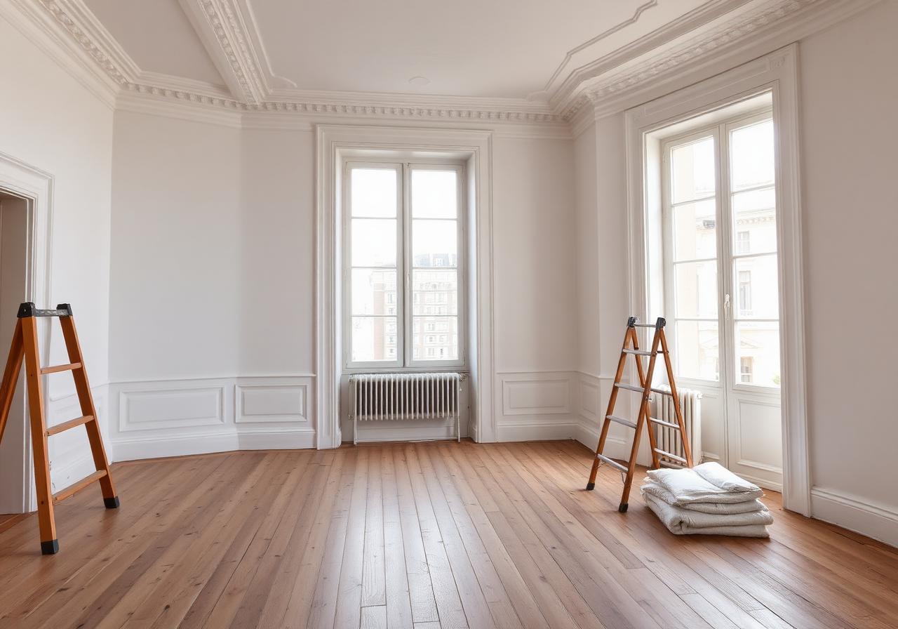 Pièce d'appartement haussmannien après remise en état, sols nettoyés et murs replâtrés